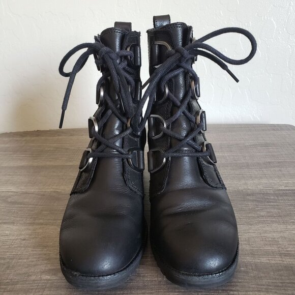 Sorel Cate Waterproof Leather Lace-Up Block Heel Ankle Boots Black 7 Biker Moto - Picture 2 of 12